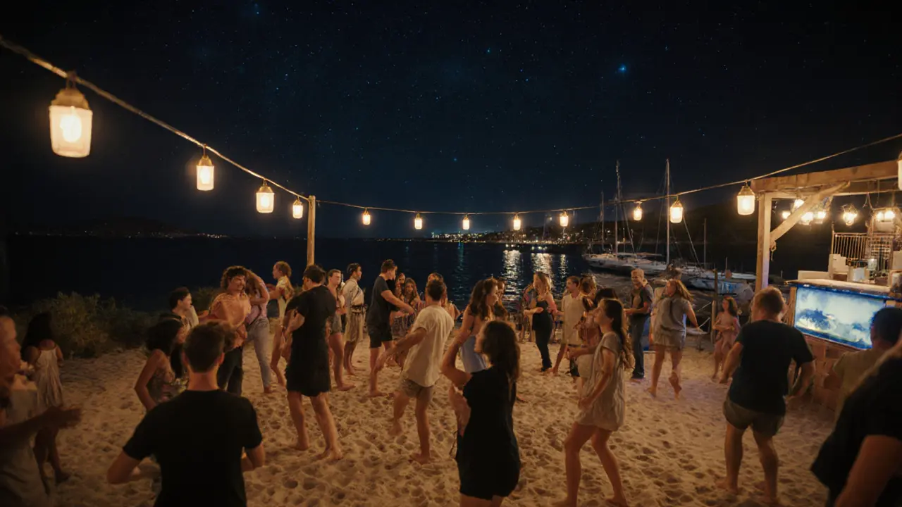 People dancing on a beach at Blue Bay under stars with the Mediterranean sea behind them.