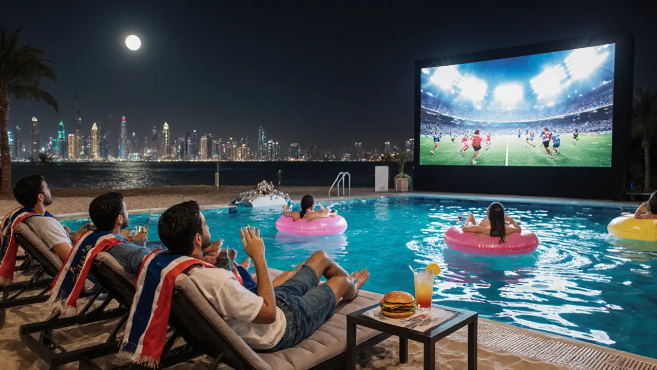 People watching a soccer match poolside at Wet &#039;n&#039; Wild with drinks and floats under the night sky.