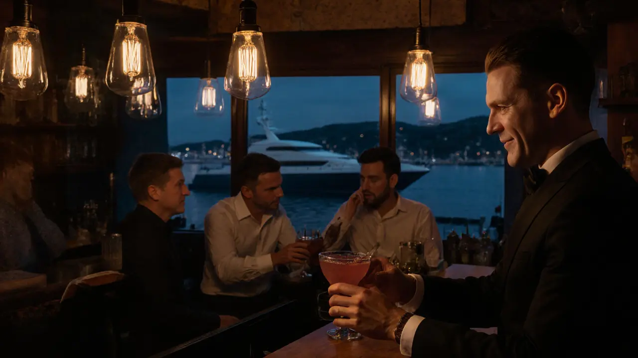 Quiet bar Bar de la Marine at night, bartender polishing a glass as regulars chat softly by the harbor.