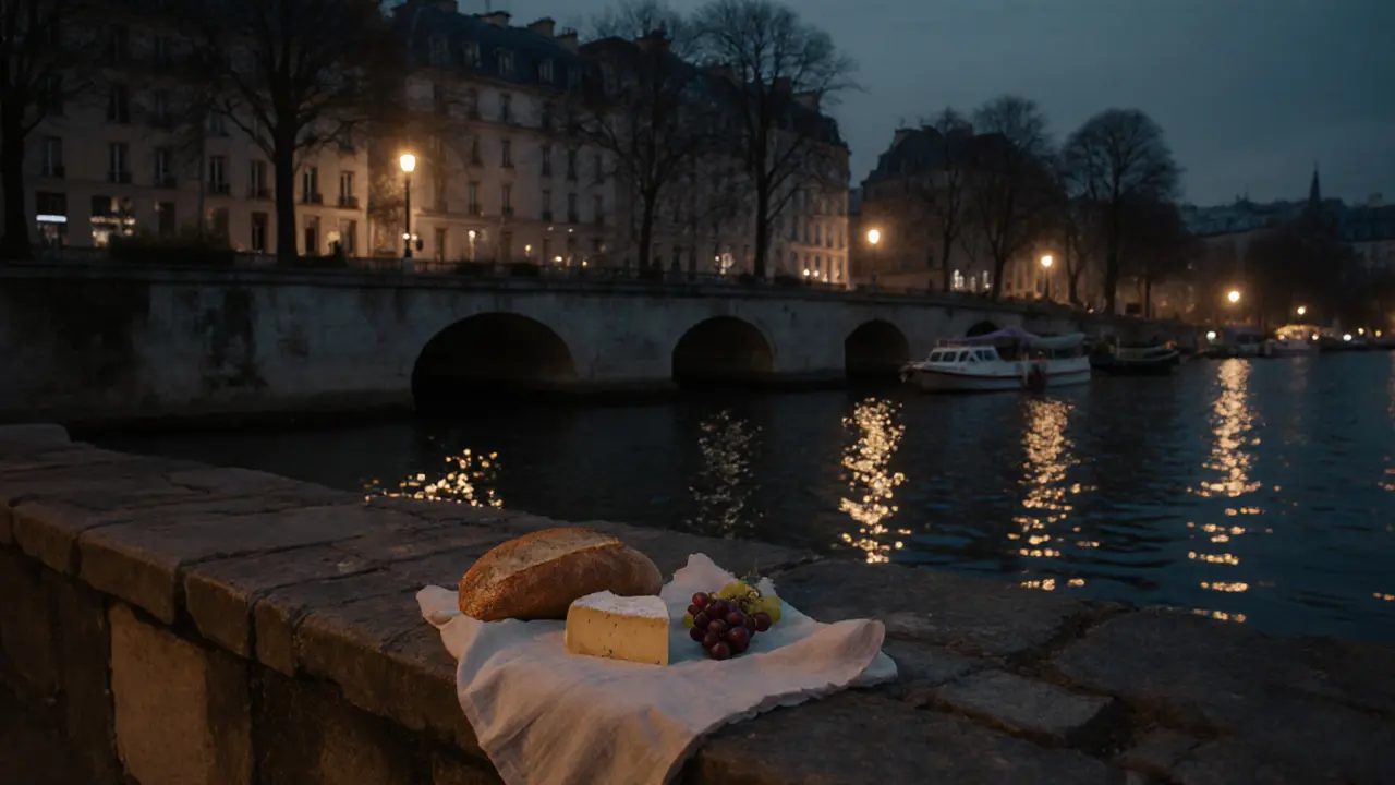 Quiet picnic by the Seine on Île Saint-Louis with bread, cheese, and glowing lanterns.