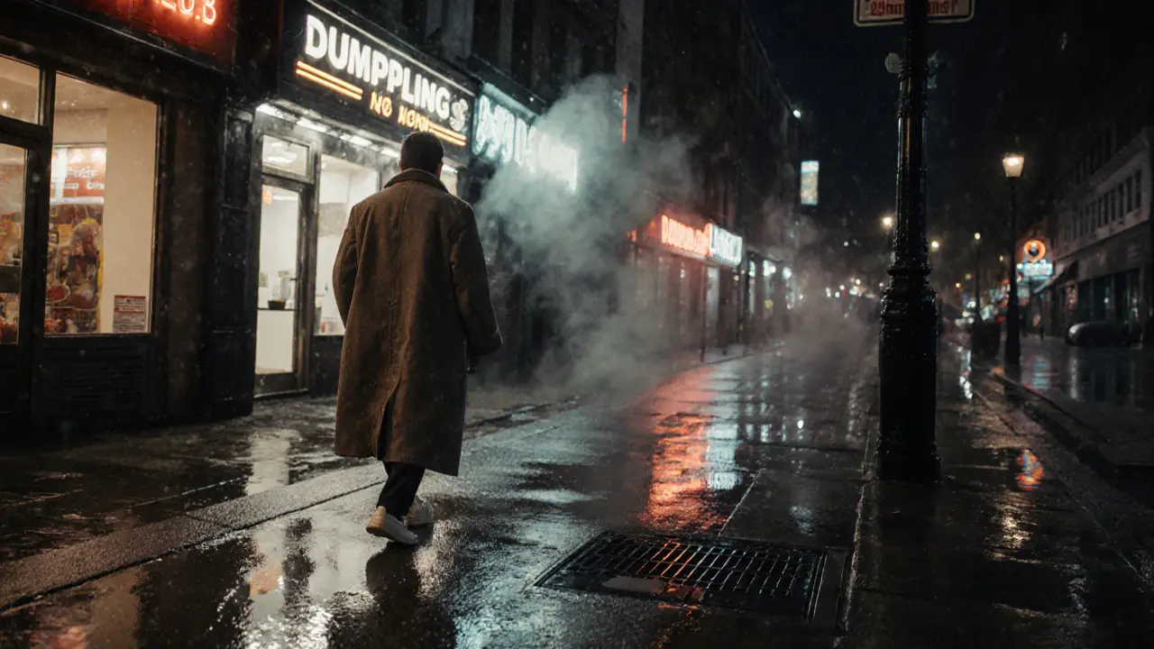 Rain-slicked London street at 4 a.m. with glowing windows and steam rising.