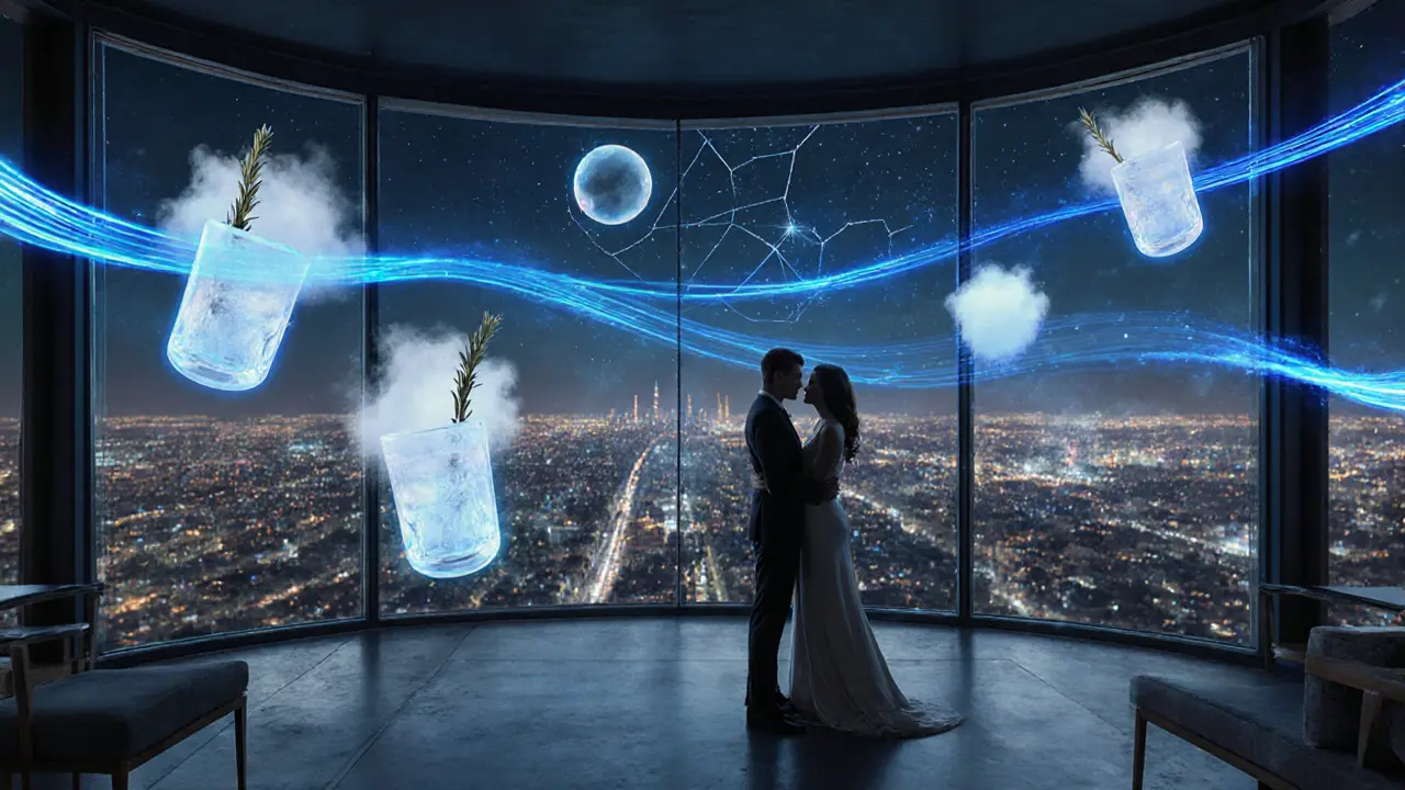 Rooftop bar floating above Monaco’s city lights with glowing cocktails and ambient music visuals.