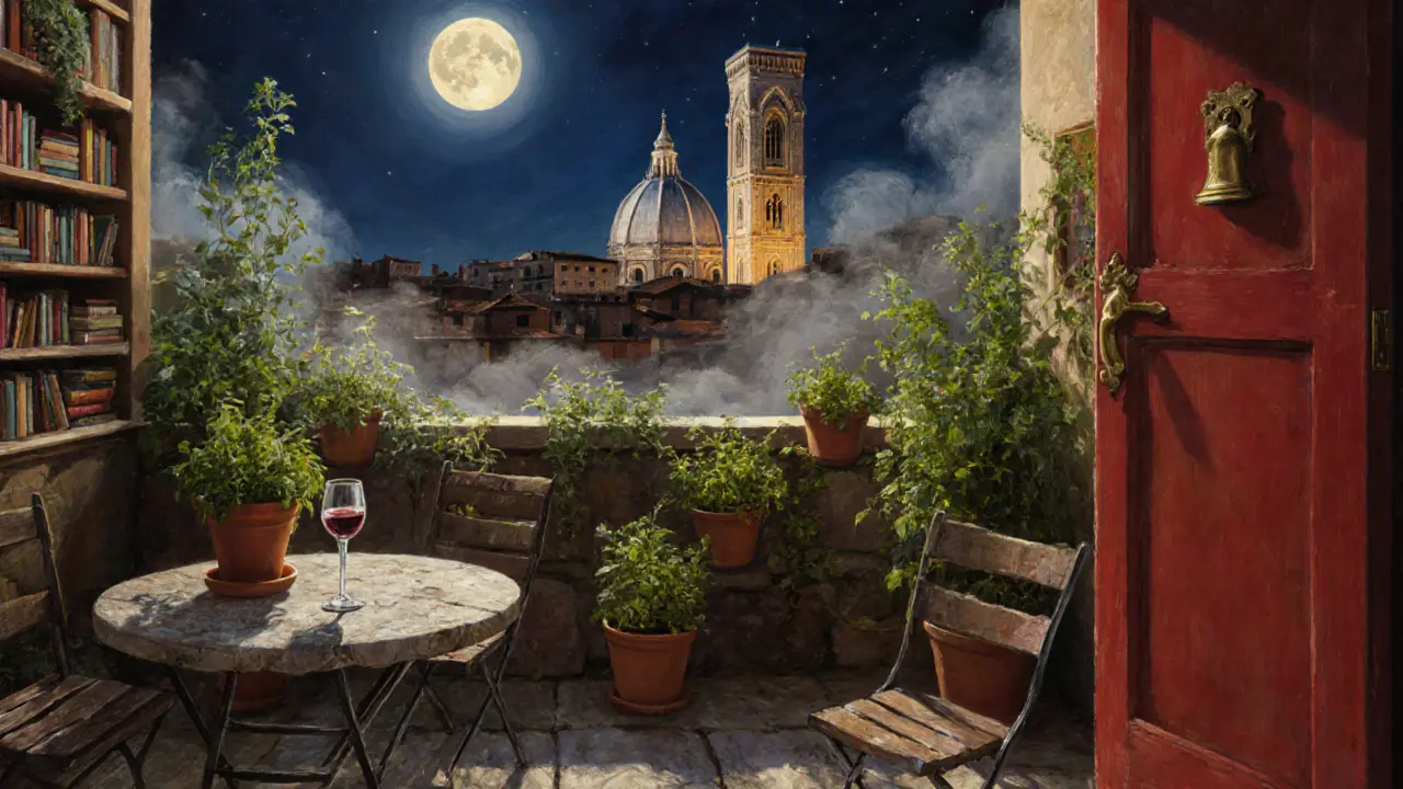 Secret rooftop garden in Brera with view of the Duomo at midnight
