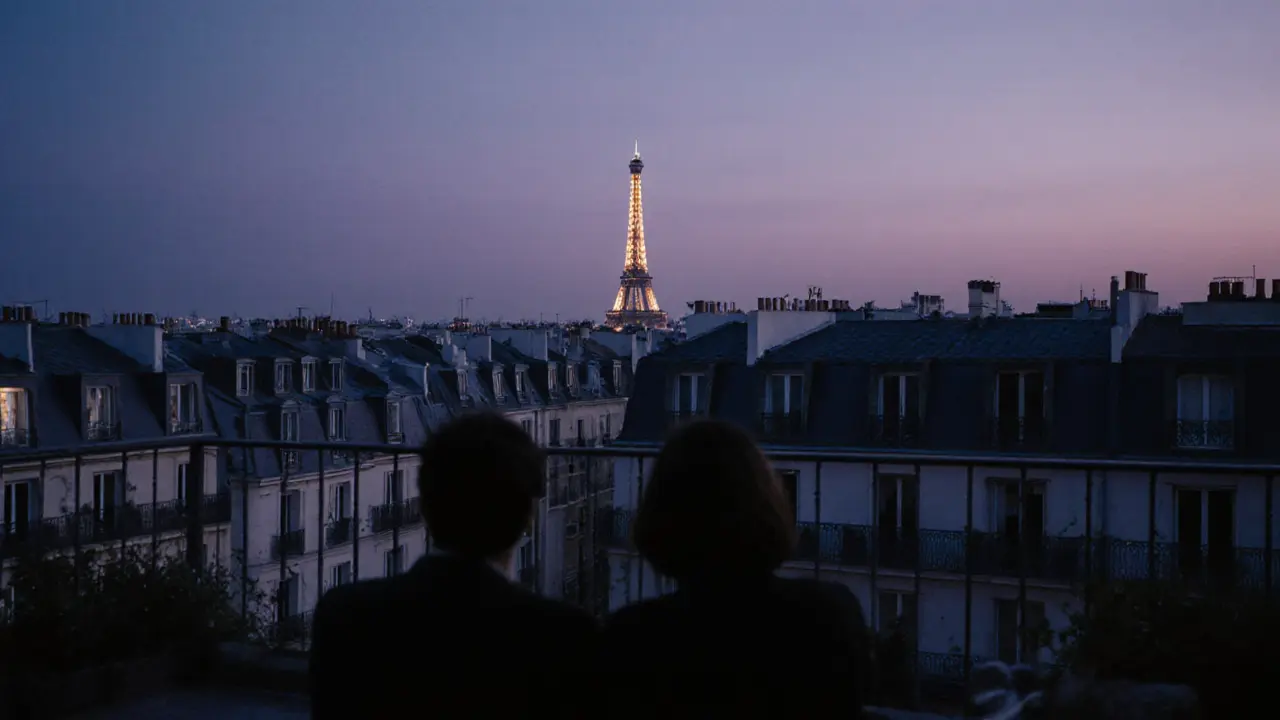 Silhouetted figures on a rooftop terrace at dusk, Eiffel Tower glowing faintly in the distance.