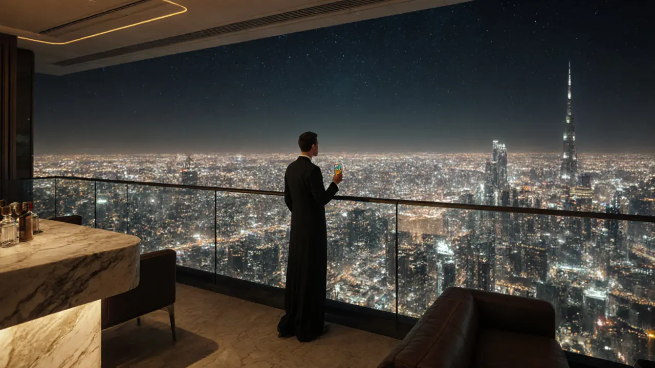 Solo figure on Burj Khalifa&#039;s At.mosphere rooftop bar gazing over Dubai&#039;s glittering night skyline.