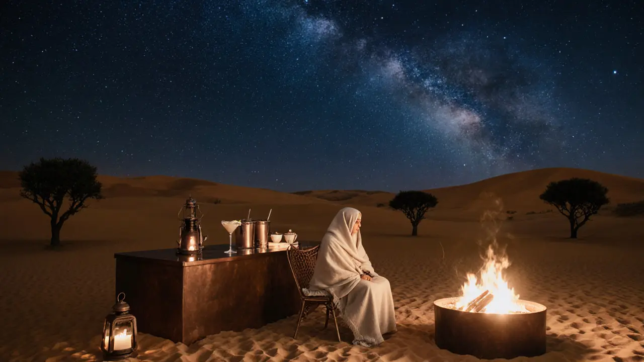 Solo guest beside a firepit in the desert at Al Maha, under a star-filled sky with dunes stretching endlessly.