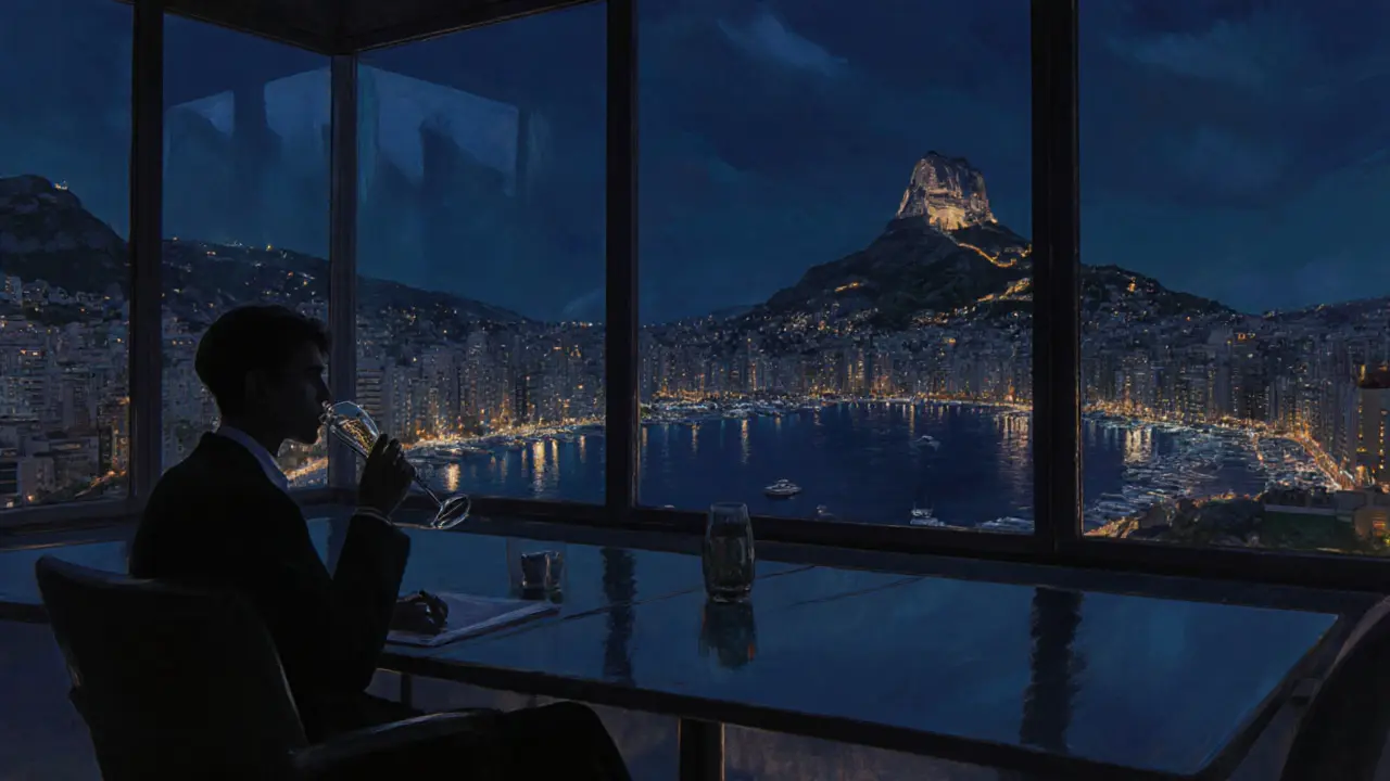 Solo person on a rooftop at night, overlooking Monaco&#039;s glittering harbor.