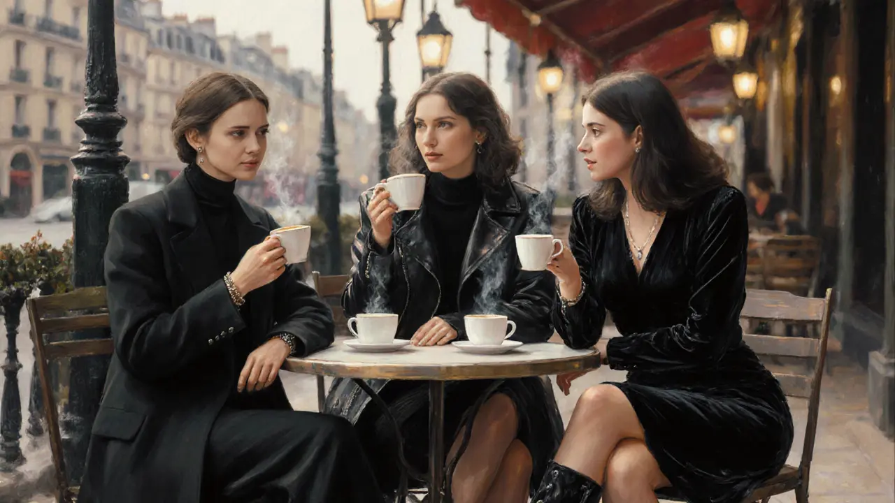 Three friends in black outfits enjoying coffee at a Parisian café under warm lamplight.