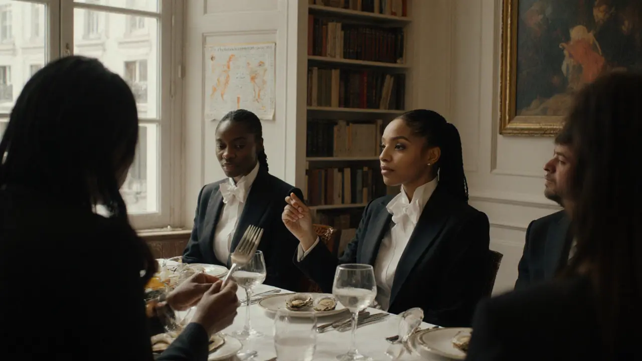 Trainees learning refined table manners and cultural etiquette in a high-end London townhouse.