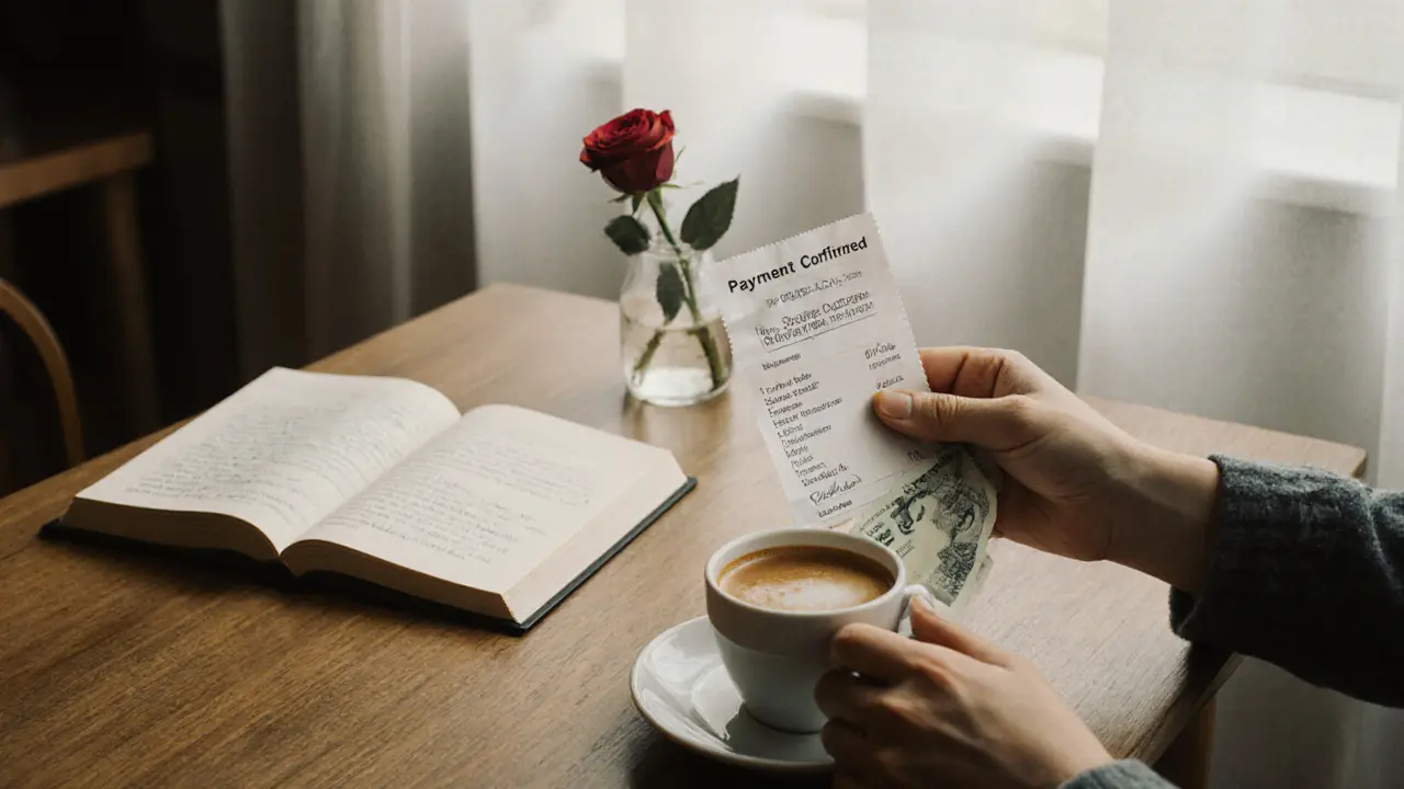 Two hands exchanging payment and a receipt in a quiet café, with a book and rose on the table.