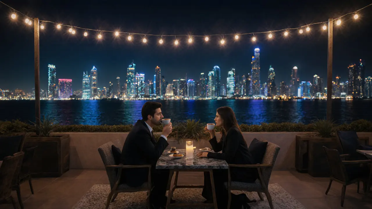 Two people enjoy quiet coffee on a rooftop at night, city lights shimmering in the background.