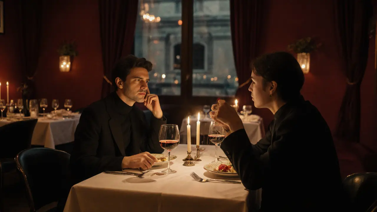 Two people enjoying a thoughtful dinner conversation in a high-end Berlin restaurant.