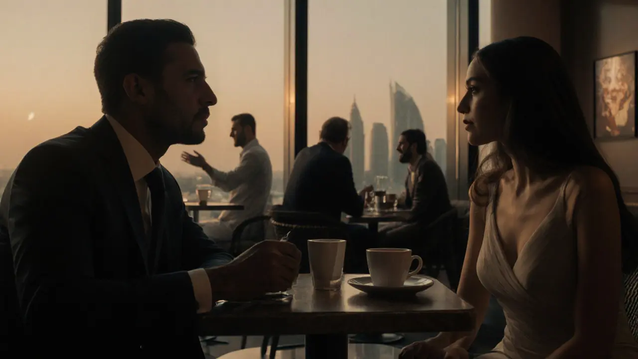 Two people having a quiet coffee conversation in a modern Abu Dhabi café, soft light and art in the background.