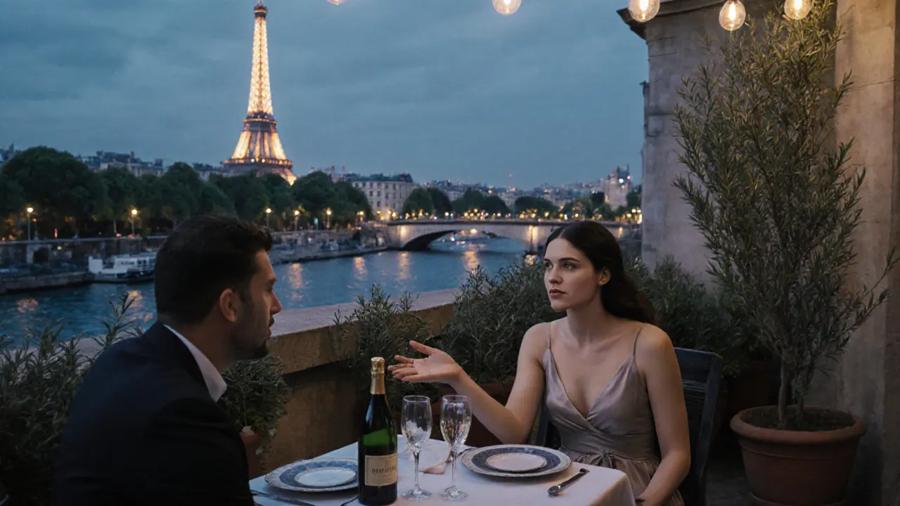 Two people sharing a quiet evening in a rooftop garden overlooking the Seine with champagne and city lights.