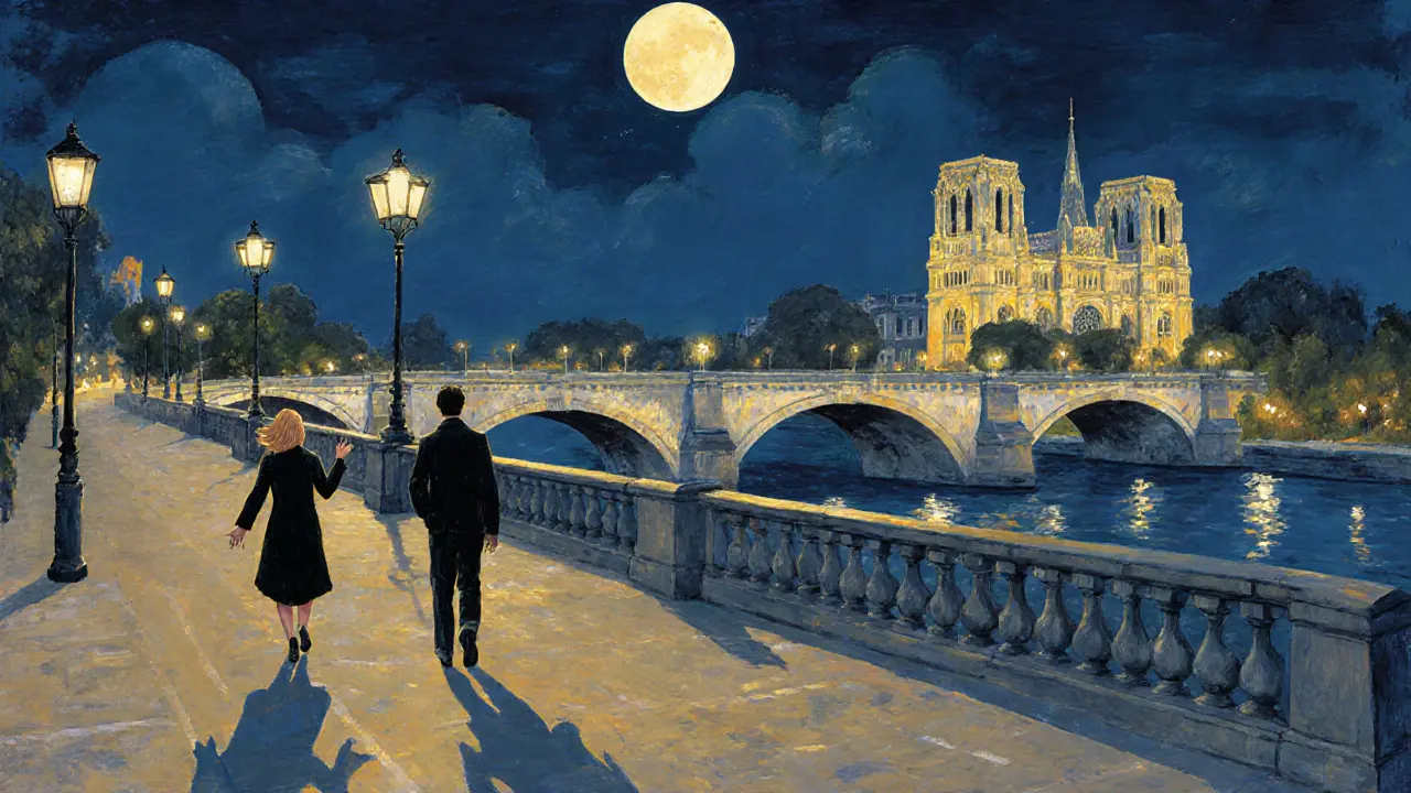 Two people walking peacefully along the Seine at night, enjoying the city&#039;s ambiance.