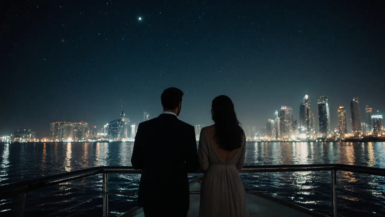 Two silhouetted figures on a private yacht at night, overlooking Dubai Marina under a starry sky.