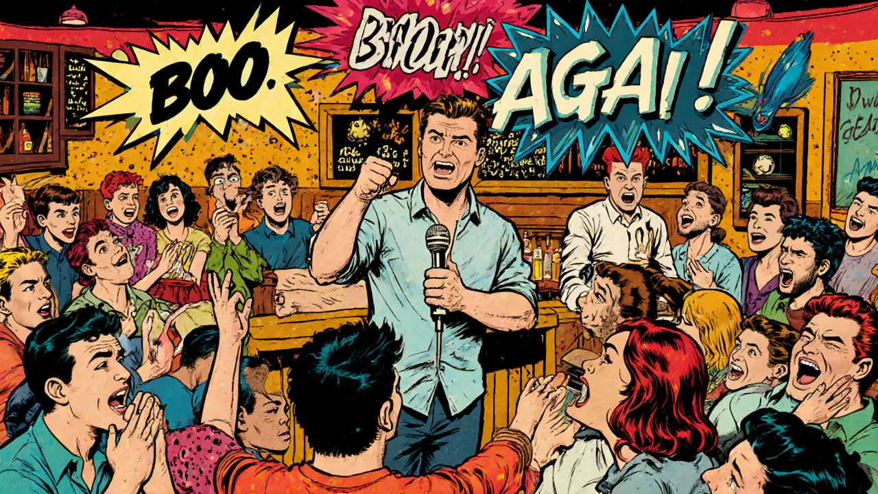 Vibrant comic-style scene of a live comedy show with explosive audience reactions.