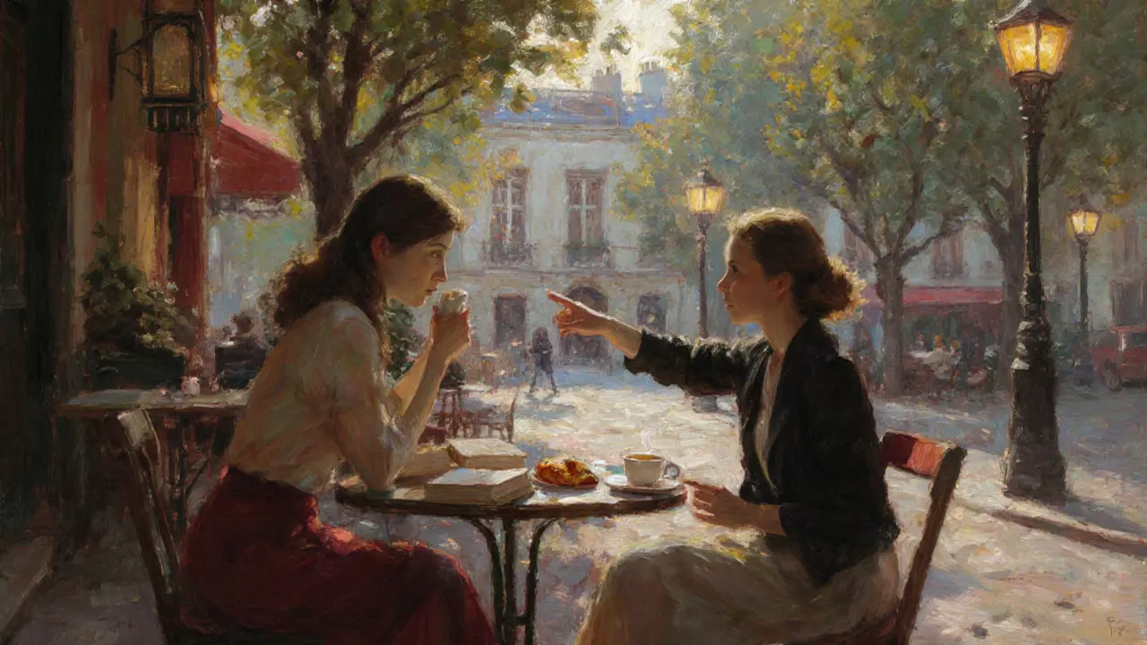 Woman enjoying espresso at a Paris café, companion pointing to a hidden courtyard.