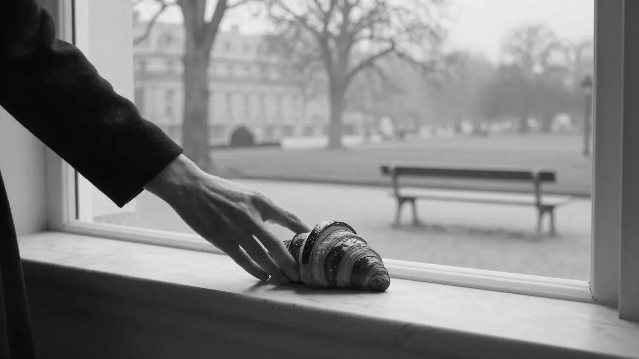 A chocolate croissant placed on a windowsill overlooking Luxembourg Gardens, morning mist and bare trees in soft light.