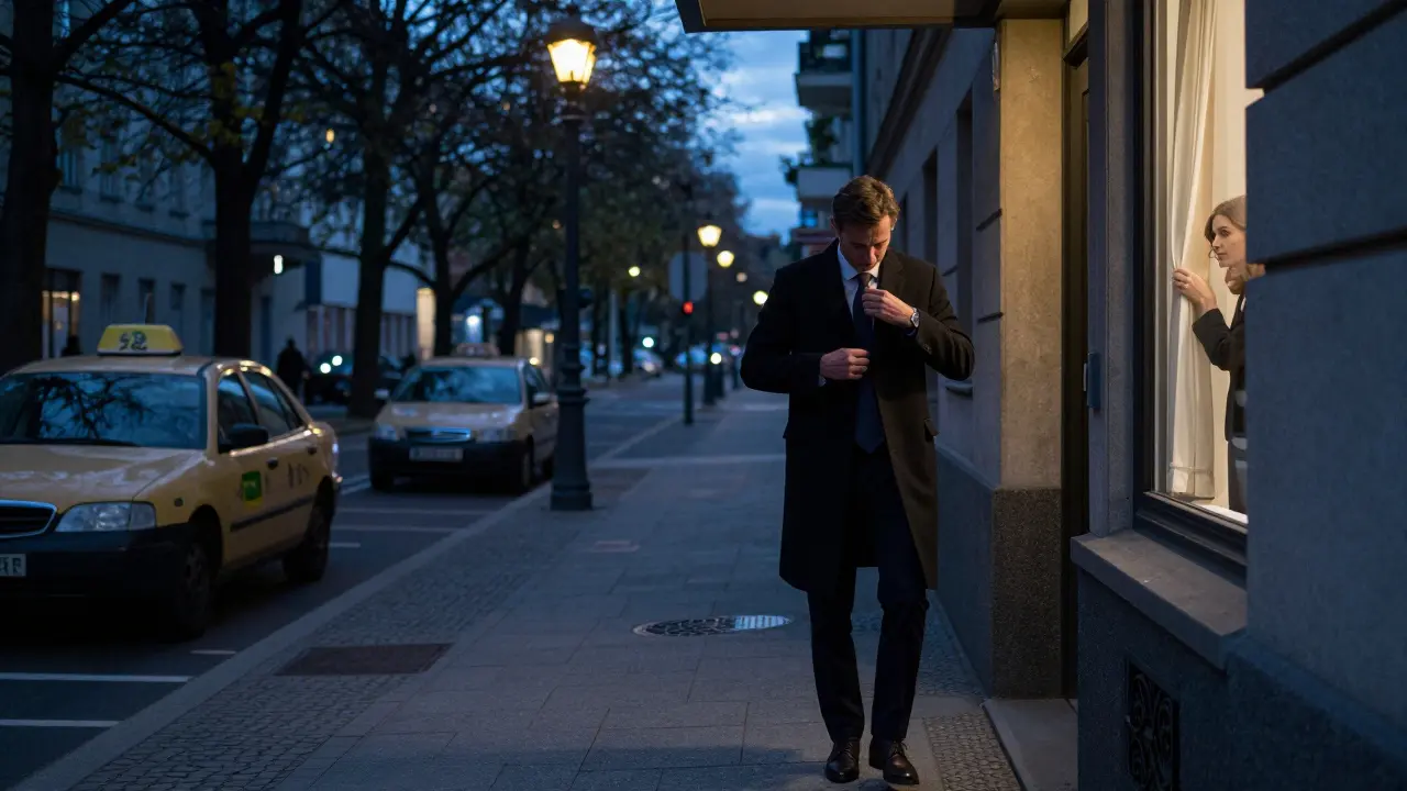 A client leaves a Berlin hotel at dusk as an escort closes the curtain, conveying dignity and professional closure.