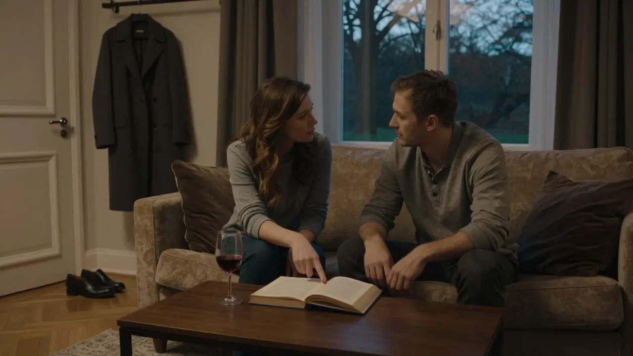 A couple engages in quiet conversation in a softly lit hotel room, showing mutual respect and emotional presence.