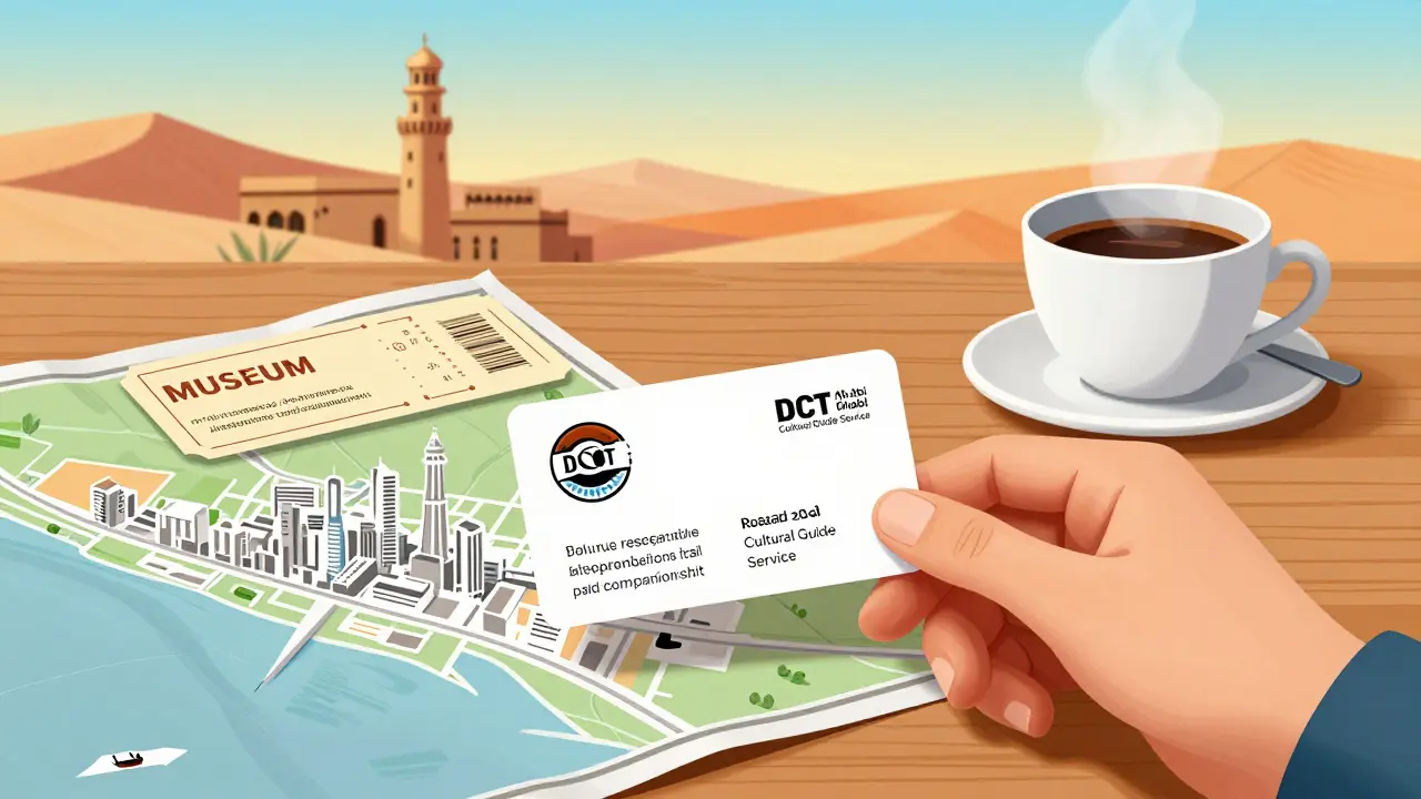 A cultural guide&#039;s business card beside a museum ticket and coffee, with Abu Dhabi&#039;s desert and architecture in the background.