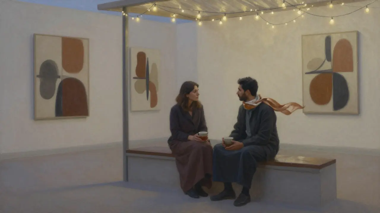 A man and woman sitting peacefully together in an art-filled Dubai alleyway at dusk, sharing quiet conversation.