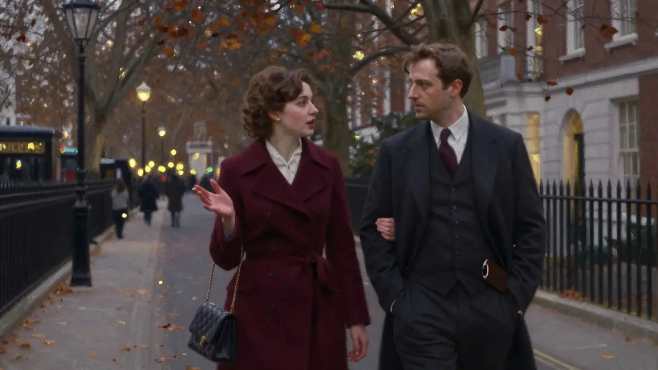 A man and woman walking together in Mayfair at dusk, engaged in thoughtful conversation.