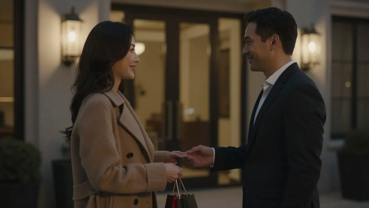 A man thanking a woman respectfully outside a building, both dressed neatly, no physical contact.