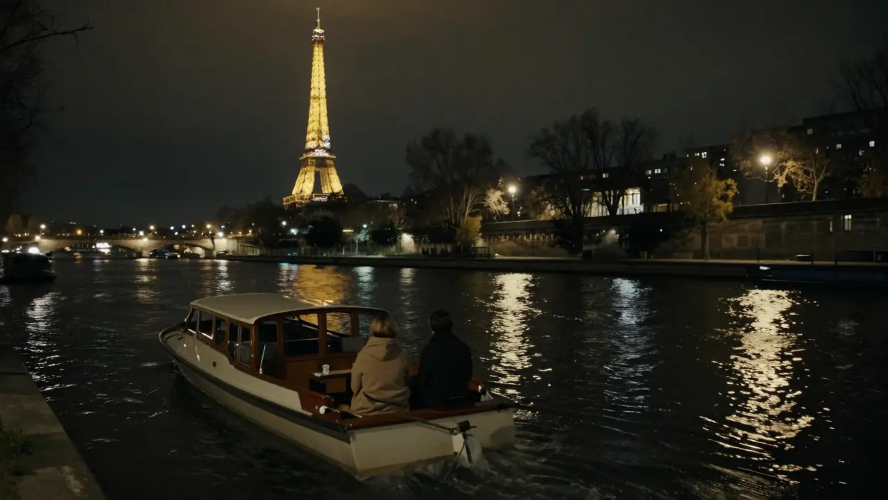 A private boat drifts on the Seine at night, the Eiffel Tower sparkling in the distance, two figures sharing a peaceful moment.