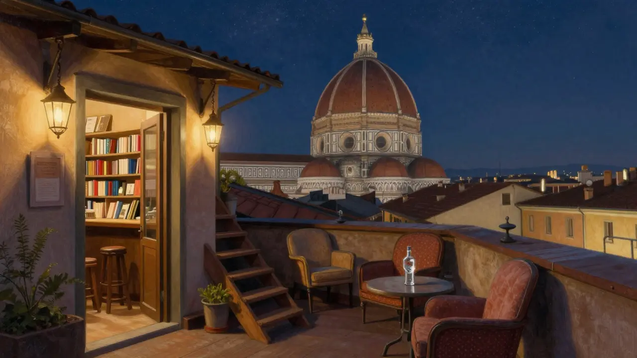 A quiet rooftop bar above a bookstore in Brera, with the Duomo visible in the distance under a starry sky.
