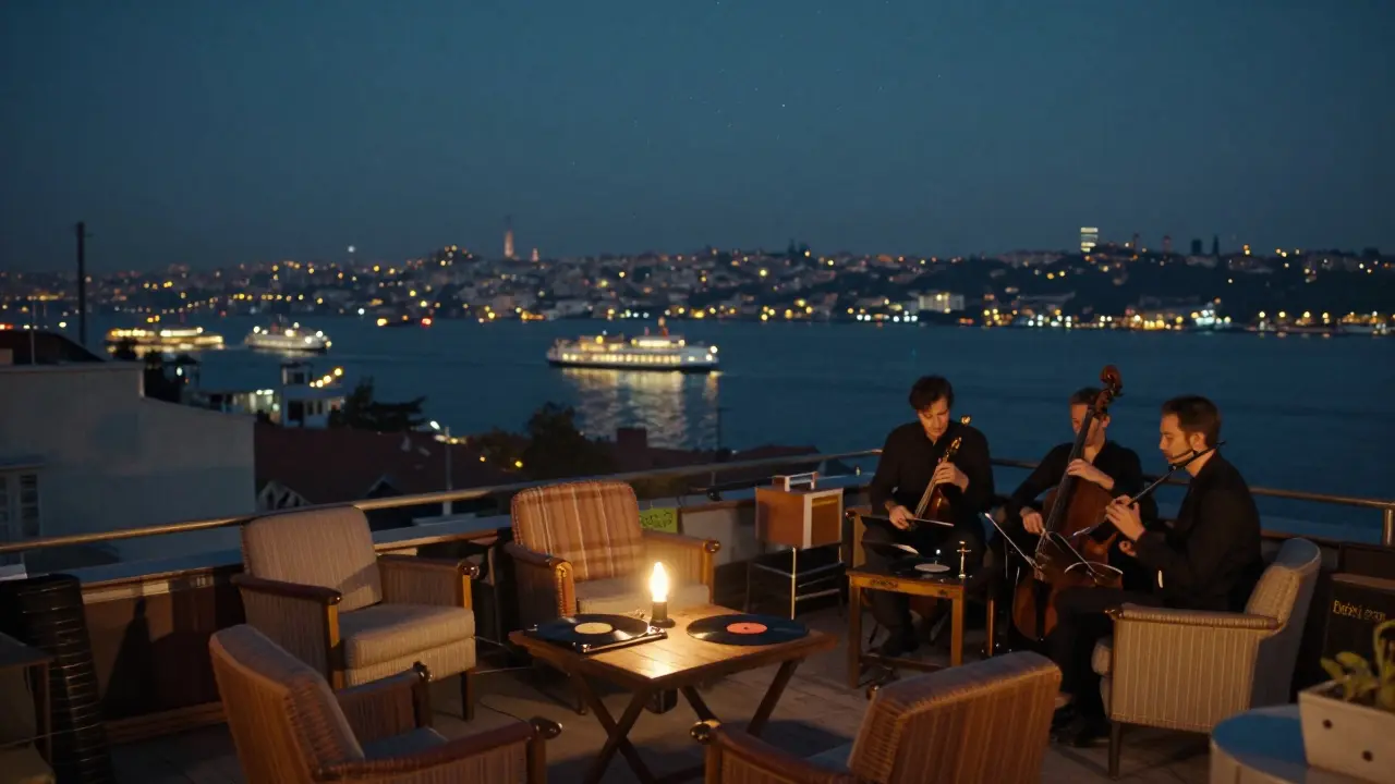 A quiet rooftop terrace overlooking the Bosphorus at midnight with vinyl jazz playing.