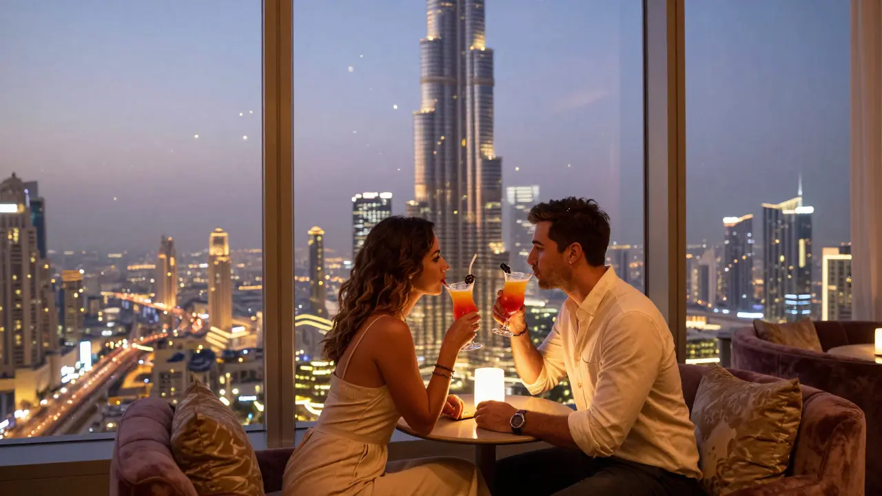 A romantic couple at a high-rise lounge watching Dubai’s glittering skyline at night.