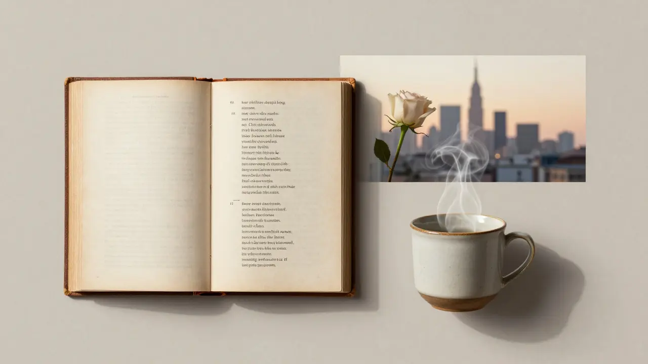 A serene still life of a book, coffee mug, and rose symbolizing thoughtful companionship in Milan.