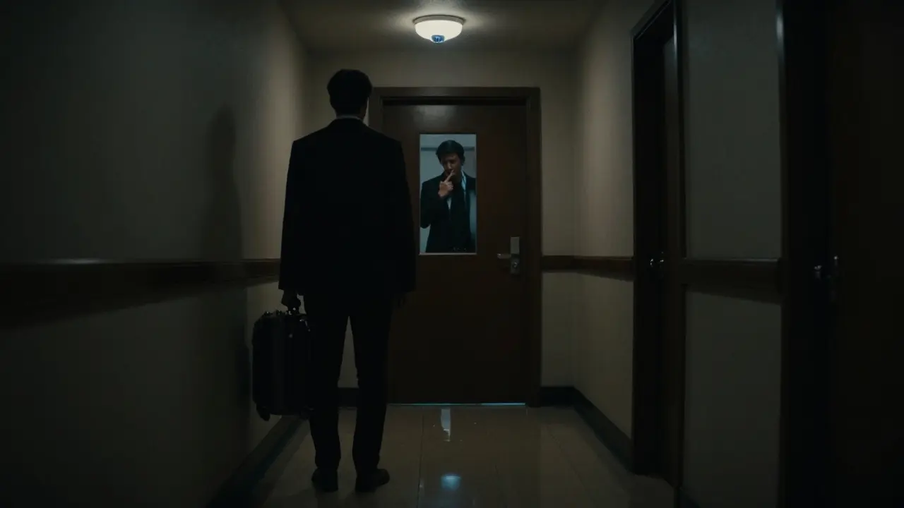 A shadowy figure in a hotel hallway under a security camera, conveying tension and the risk of arrest for solicitation.