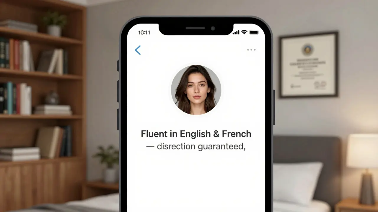 A smartphone screen showing a minimal Telegram profile with a clear photo and discreet bio.