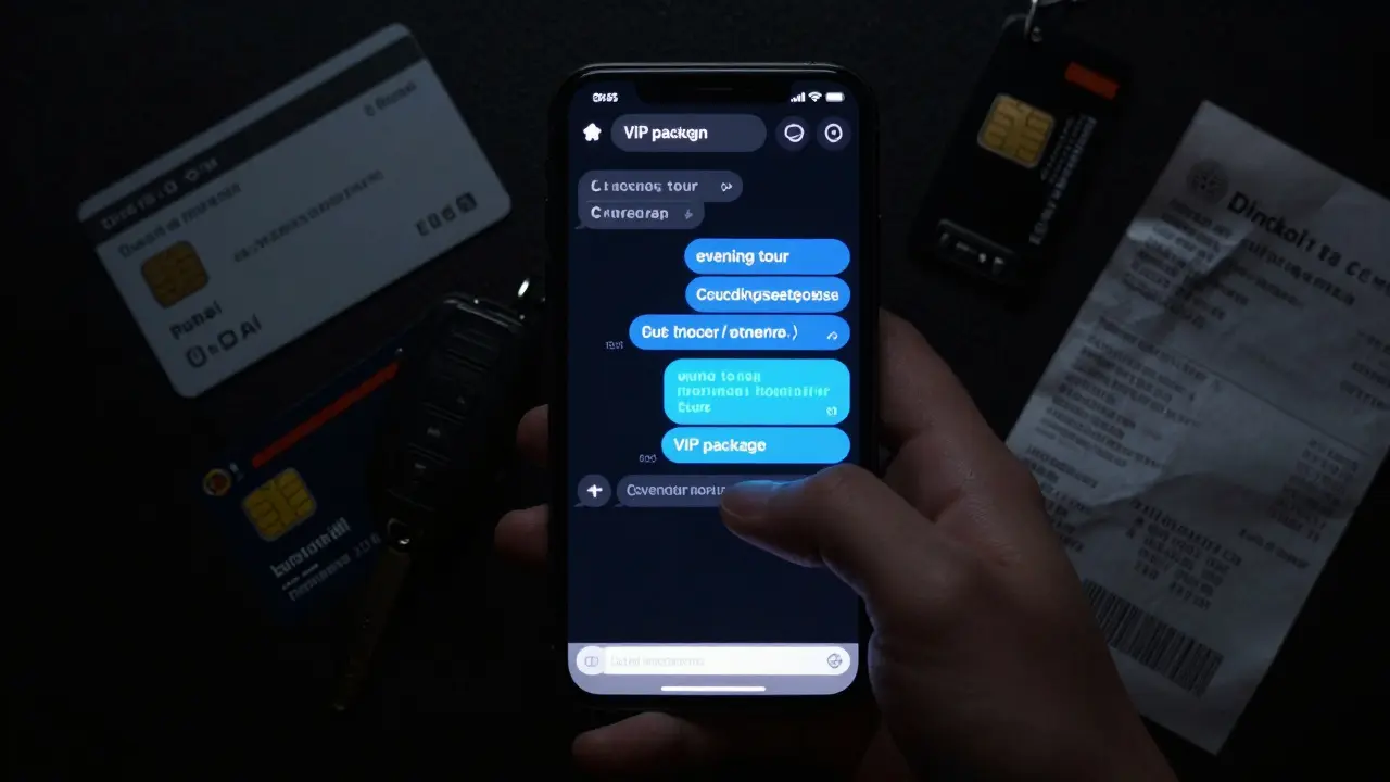 A smartphone shows encrypted Telegram messages about escort services, surrounded by hotel keycard and SIM card in a dark room.