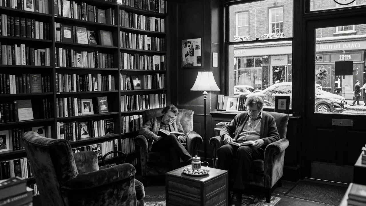 A solitary reader dozing in a velvet armchair inside a 24-hour bookshop, shelves of books stretching into shadow, snow outside the window.