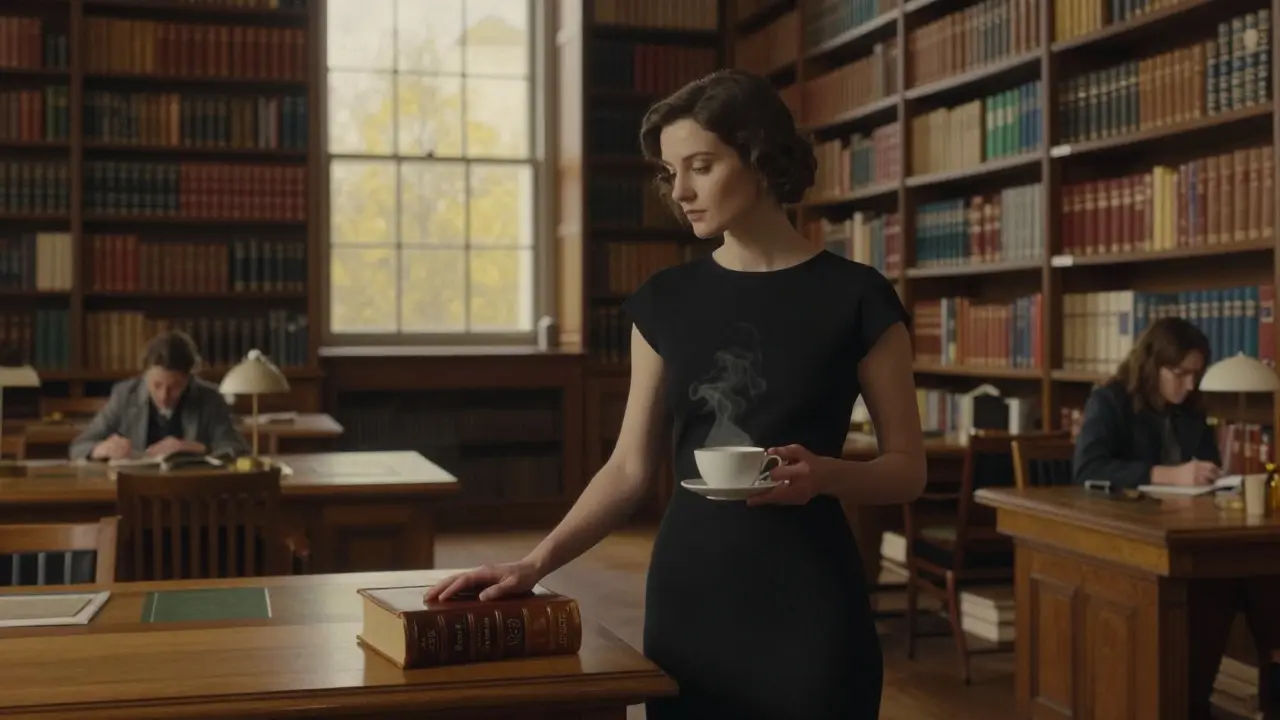 A woman in a black dress standing in the British Library, surrounded by books, holding tea, exuding calm elegance and intellectual depth.