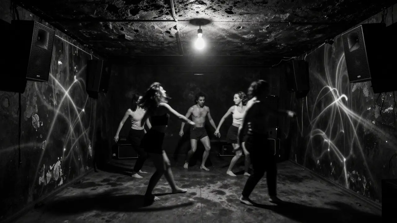 An underground basement club with a single bulb and dancers moving in silence.