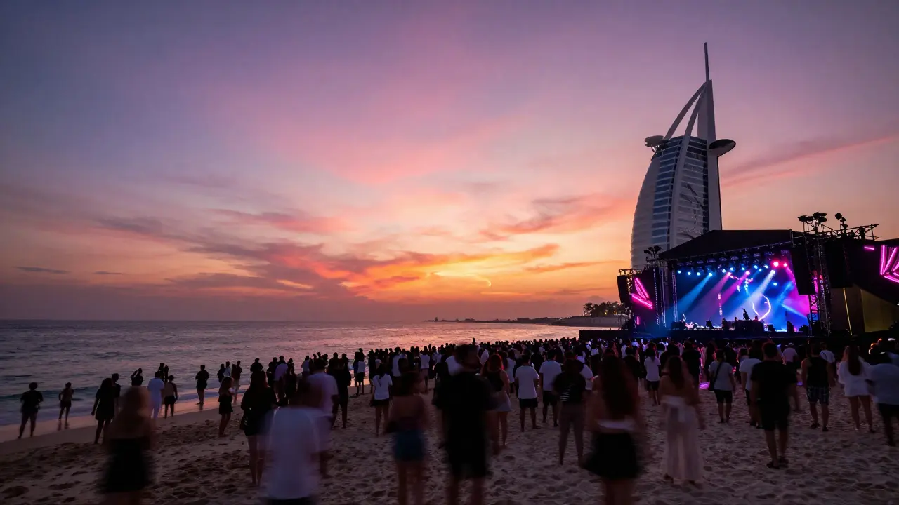 Atmosphere Beach at sunset with crowd facing horizon as lights ignite over the ocean.