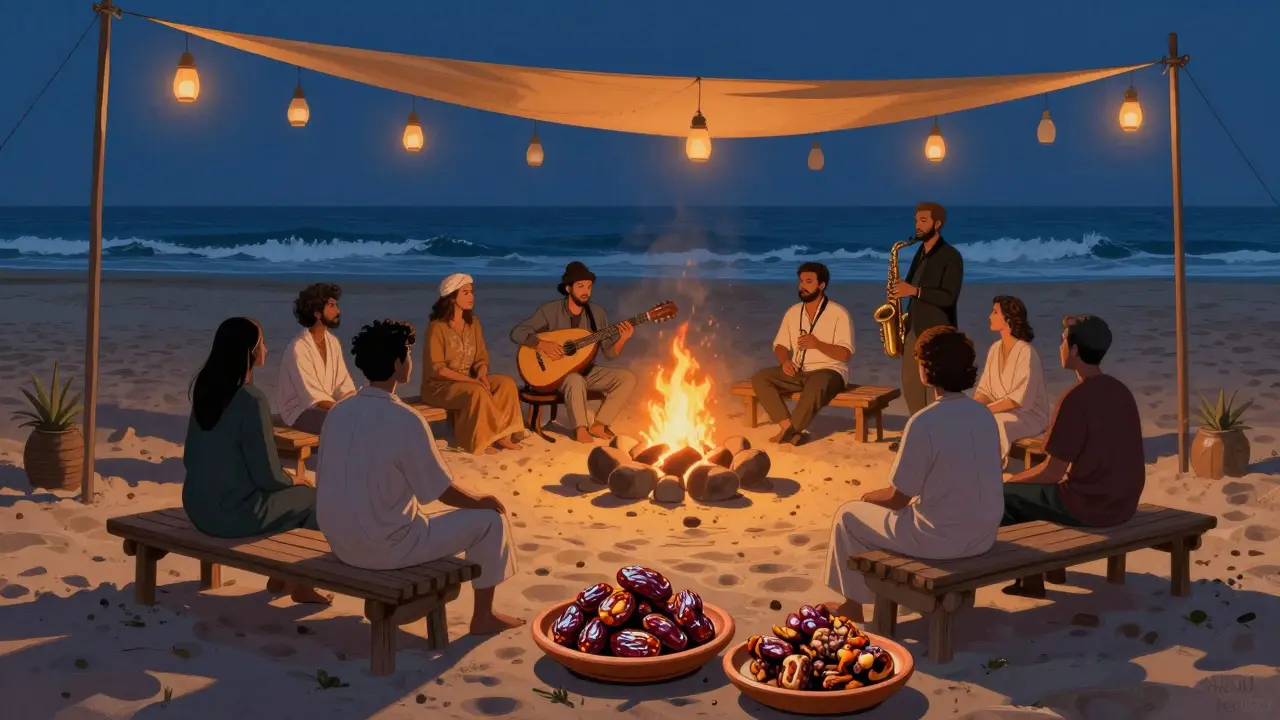 Beachside gathering at night with fire pits, oud and jazz musicians, guests seated on sand under lanterns, ocean waves nearby.