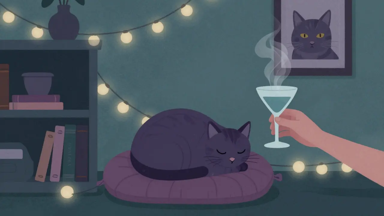 Cat napping on a heated cushion at a quiet London bar with soft lights and cocktails in background.