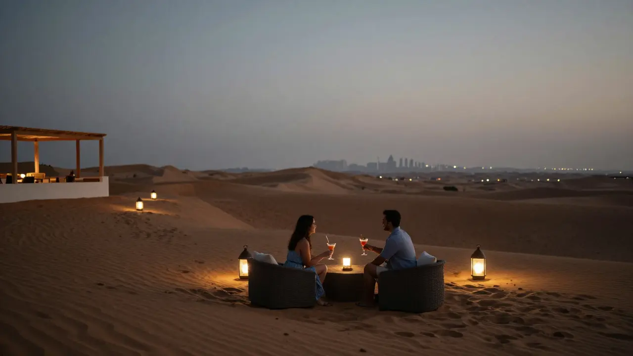 Couples enjoying cocktails at a desert rooftop lounge with golden dunes and quiet night sky.