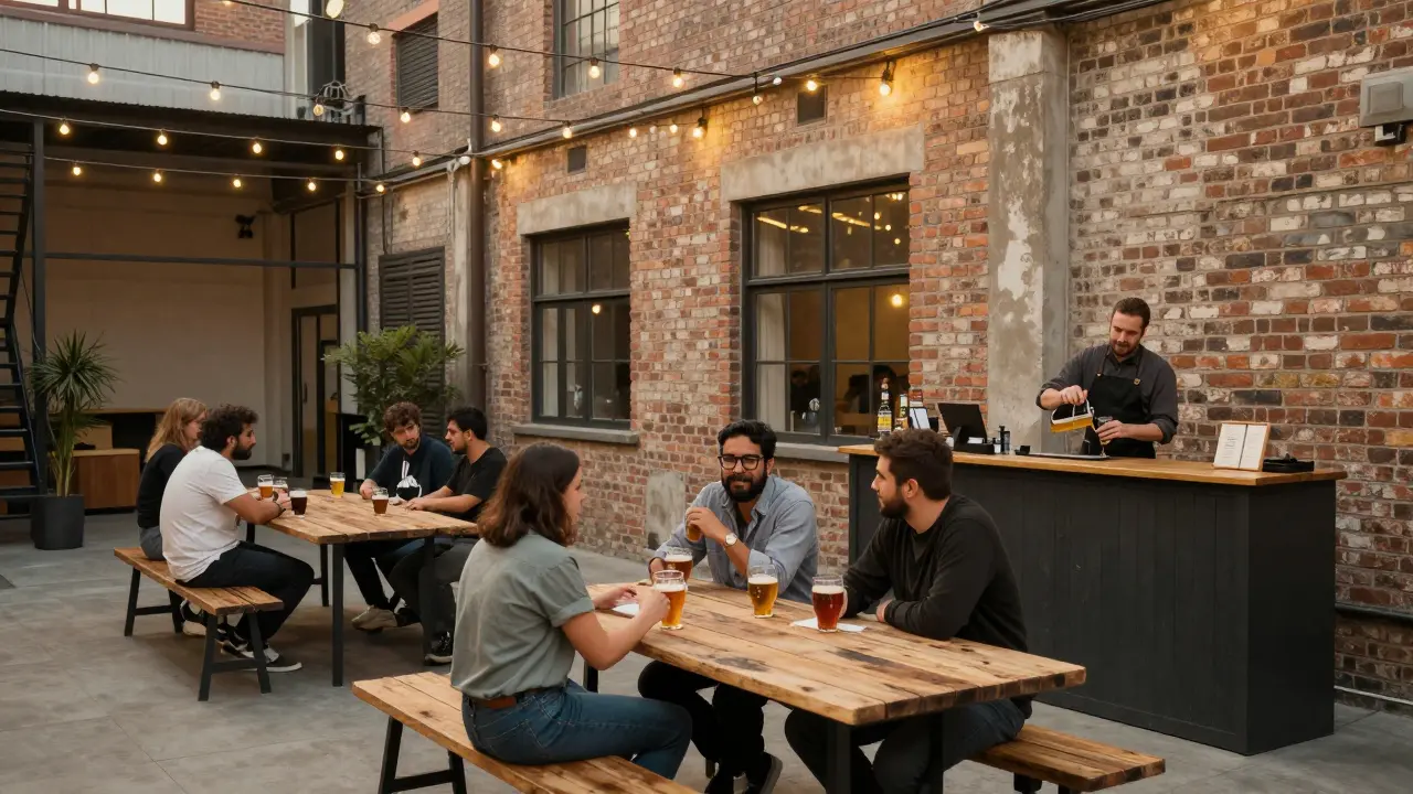 Creatives chatting over craft beers in a converted warehouse bar with string lights.
