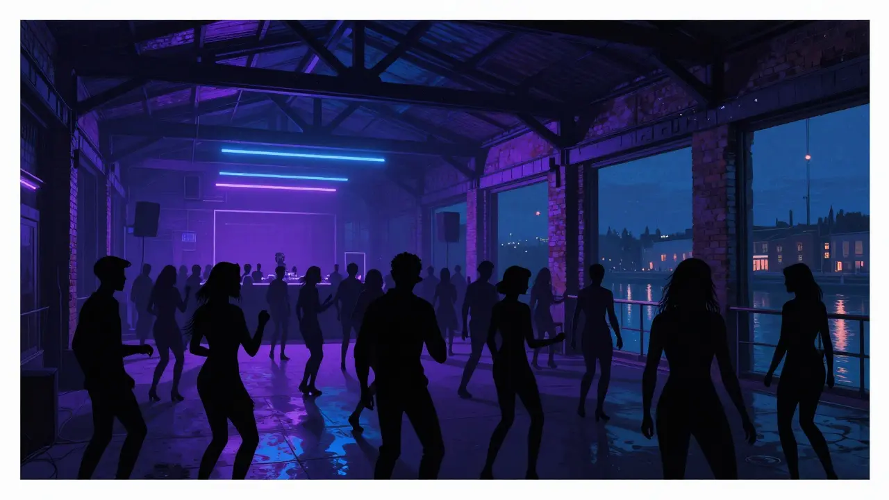 Crowd dancing in a dimly lit warehouse nightclub with neon lights and exposed brick walls, late at night.
