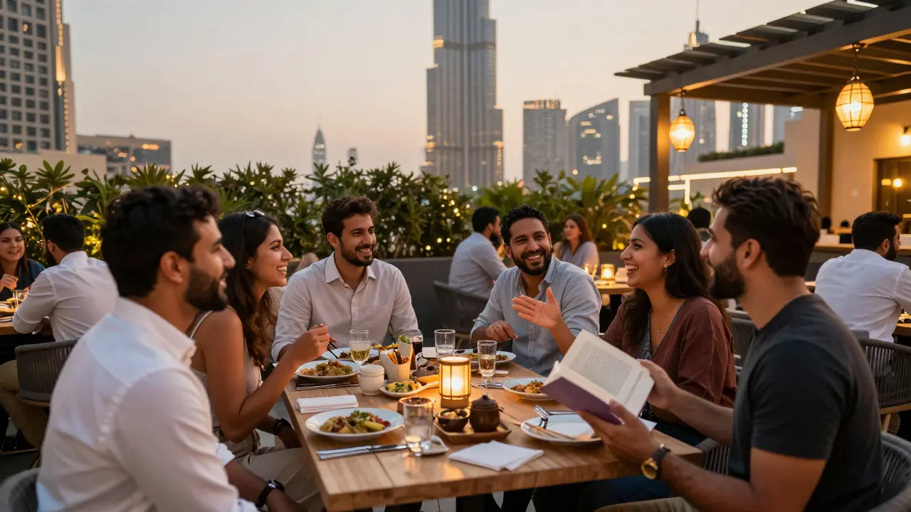 Diverse people enjoy dinner at a rooftop meetup in Dubai, laughing together under lanterns with the Burj Khalifa in the background.