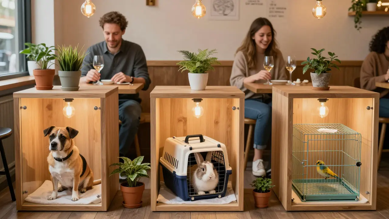 Diverse pets including dog, cat, rabbit, and bird peacefully coexisting in a pet-friendly café-bar.
