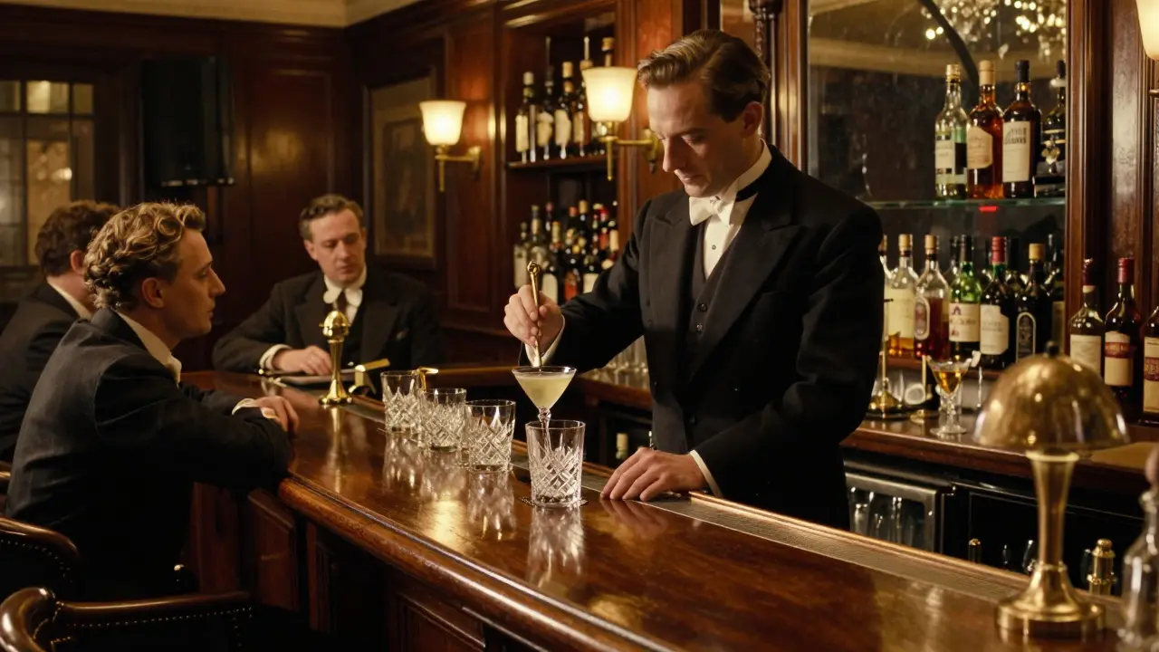 Elegant bar scene at The American Bar in The Savoy with a bartender mixing a classic cocktail.