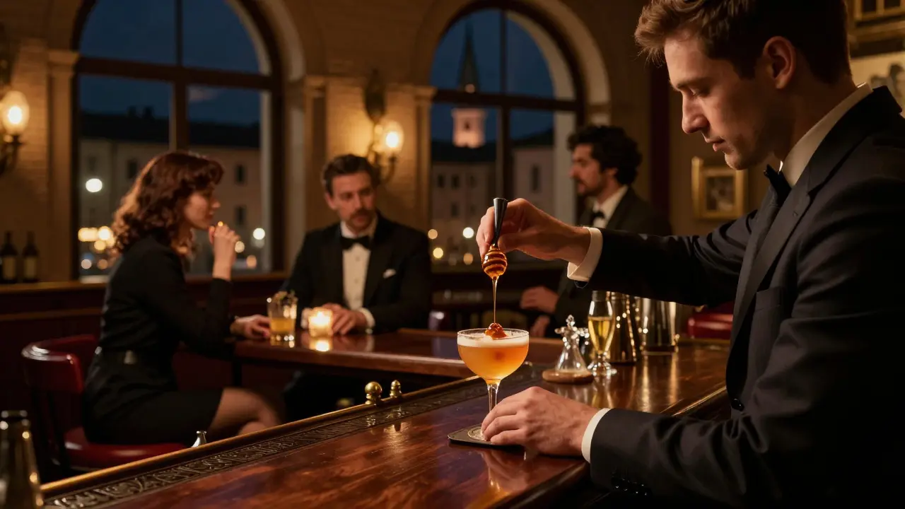 Elegant cocktail bar in Brera with a bartender preparing a signature drink under soft amber lighting.